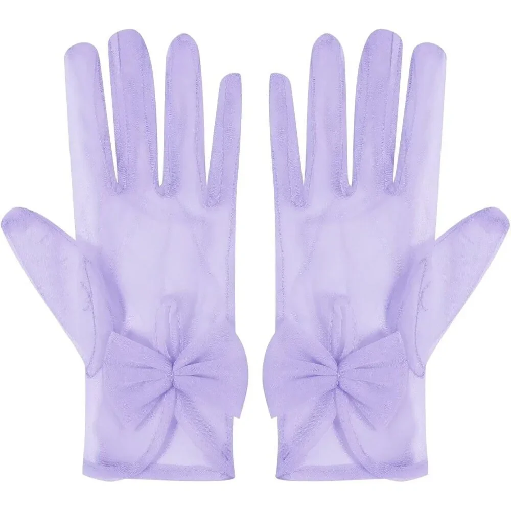 Women's Bow Lavender Evening Tulle Short Length Gloves Wrist Tea Party Prom